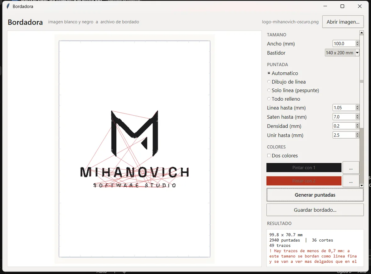 Ventana del programa Bordadora con el logo de Mihanovich convertido en puntadas