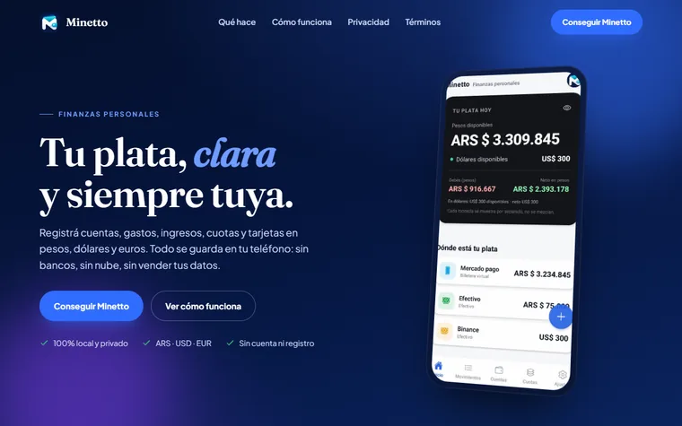 La app Minetto mostrando el saldo en pesos y dólares